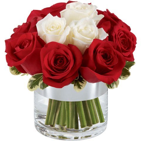 Arranjo de rosas importadas brancas e vermelhas