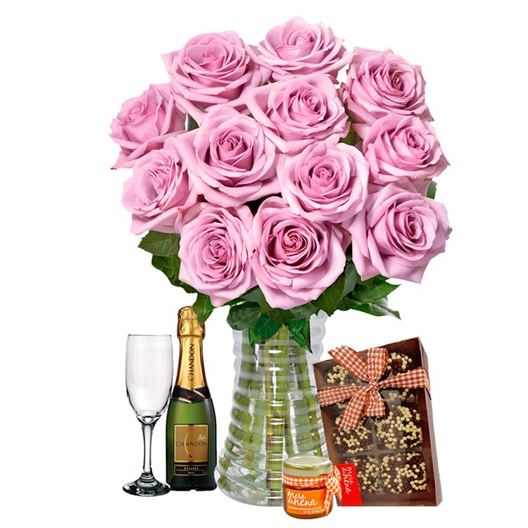 Luxuosas-12-Rosas-Lilás-Chocolates-e-Bebida